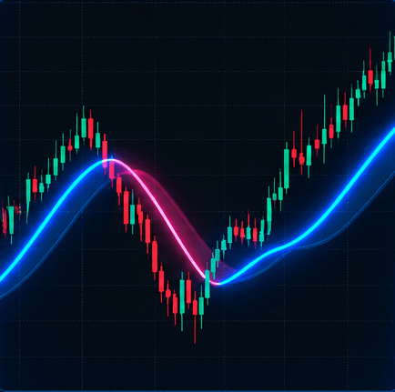 A chart with the TigerAlgo trend wave ribbon changing colour as momentum turns